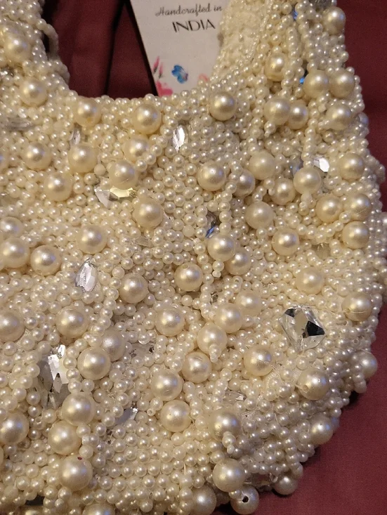 Handcrafted In India Pearl Gem Embellished Cream Evening Bag - Picture 2 of 4